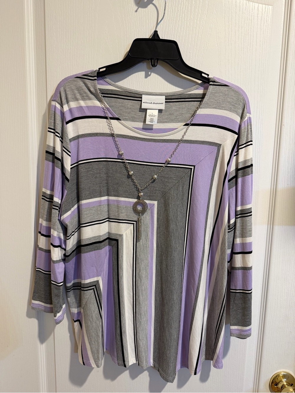 Alfred Dunner Lavender, Gray & White Striped Scoop Neck Top